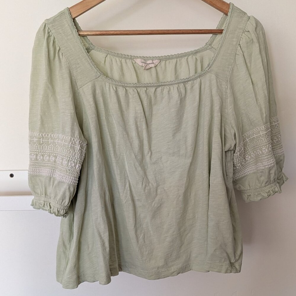 Lucky Brand 100% Cotton Embroidered Sleeve Square Neck Tee Light Pale Green L